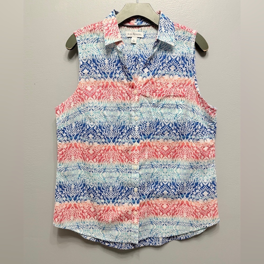 #1) 100% Cotton Kim Rogers Blue and Red Patterned Sleeveless Blouse
